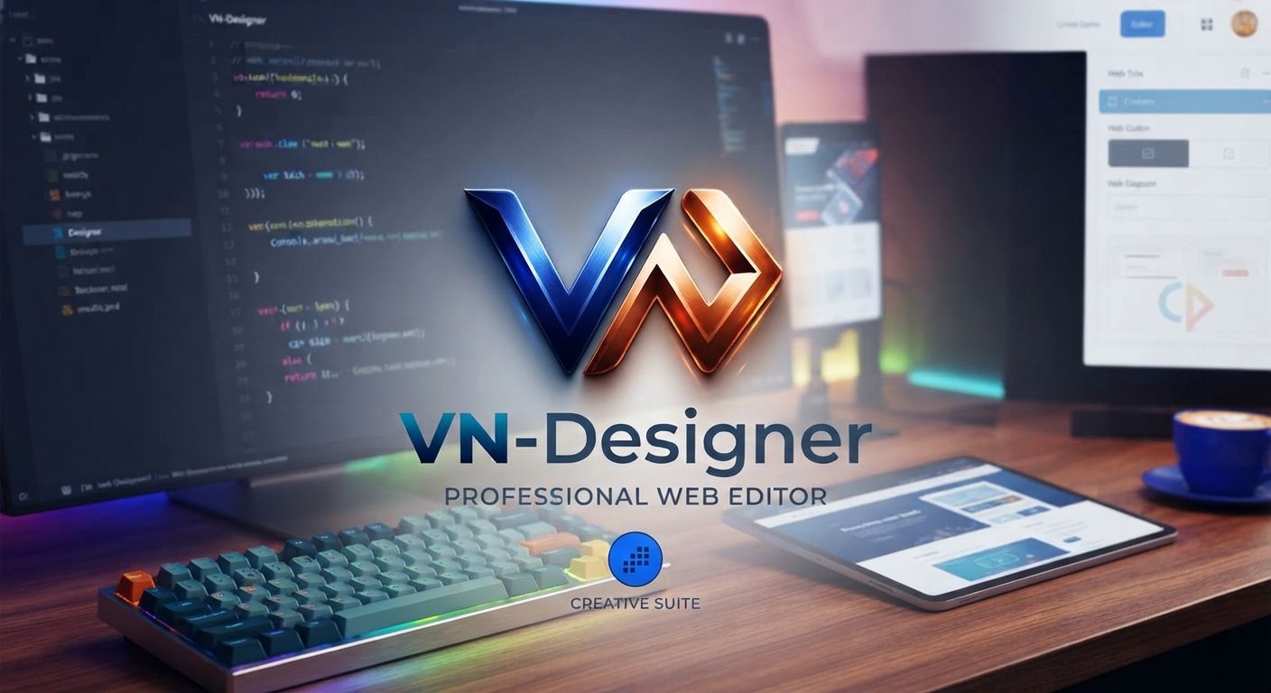 VN-Designer Logo vor einem Arbeitsplatz mit Code-Editor und Tablet