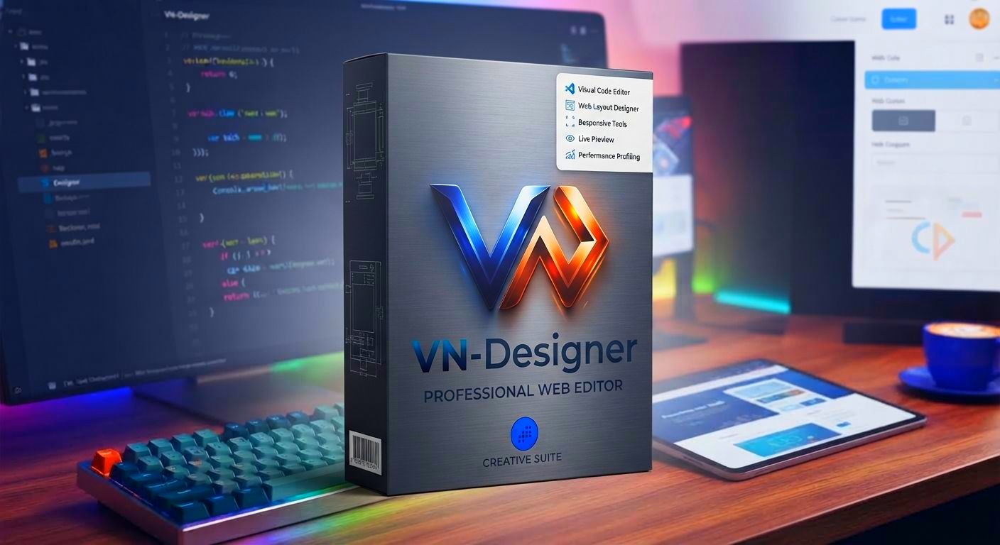 VN-Designer Produktbox: Professional Web Editor mit Logo, im Hintergrund Code-Editor und Live-Vorschau